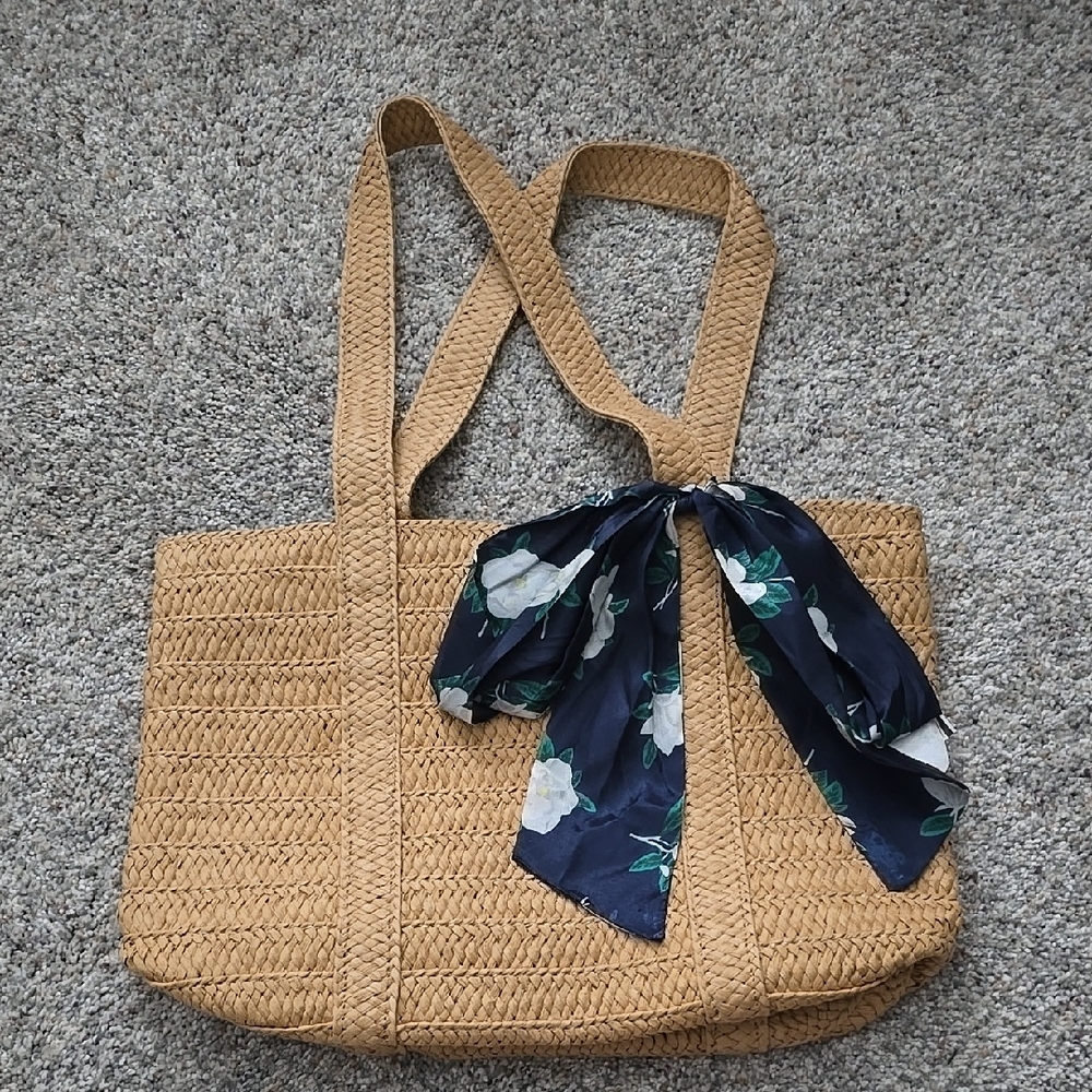 Draper James Elegant Tan Woven Tote Bag with Floral Scarf